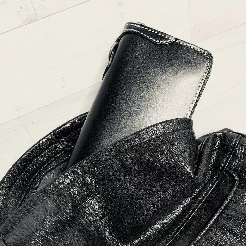 IMA Squillo Italian Leather Wallet, Men's Long Wallet with Chain Ring, Popular Women's Round Zipper, Black