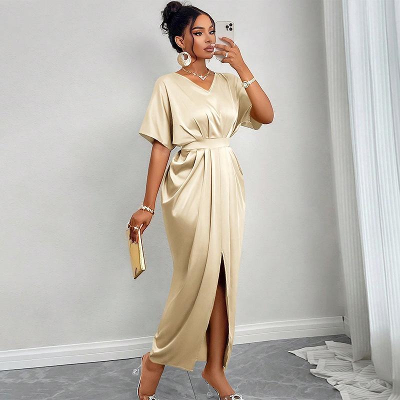 Women'S Summer New Elegant V-Neck Short-Sleeve High-Waisted One-Piece Slit Dress Long