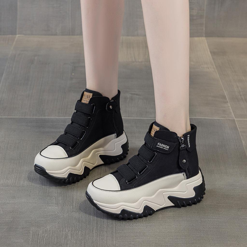 Leather high-top dad shoes autumn new thick-soled Velcro breathable double zipper casual shoes