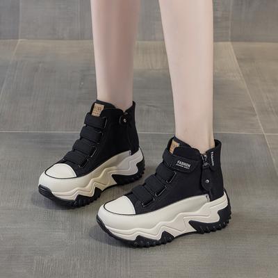 Leather High-top Dad Shoes Autumn New Thick-soled Velcro Breathable Double Zipper Casual Shoes