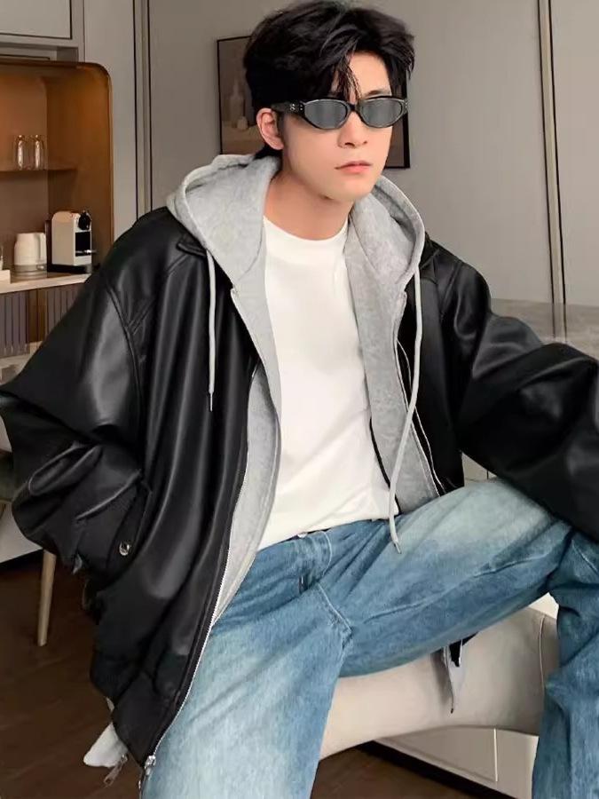 Męska Hipsterska Skórzana Kurtka Motocyklowa z Kapturem PU - Modny Styl Dwuczęściowy