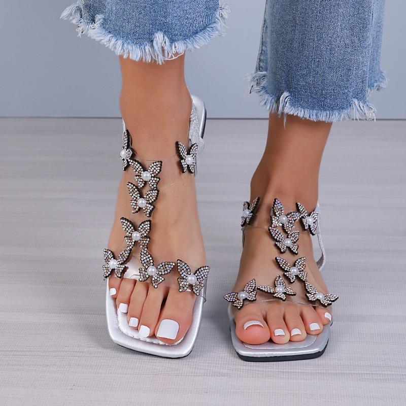 Large Size Elastic Band Rhinestone Flat Sandals Women's Butterfly I-shaped Beach Sandals