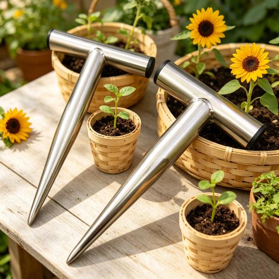 Hand-Steckwerkzeug aus Edelstahl, Pflanzlochstecher, Gartengerät mit T-Griff, Bodenstecher zum Pflanzen von Zwiebeln, Tulpen, Narzissen, Gemüse