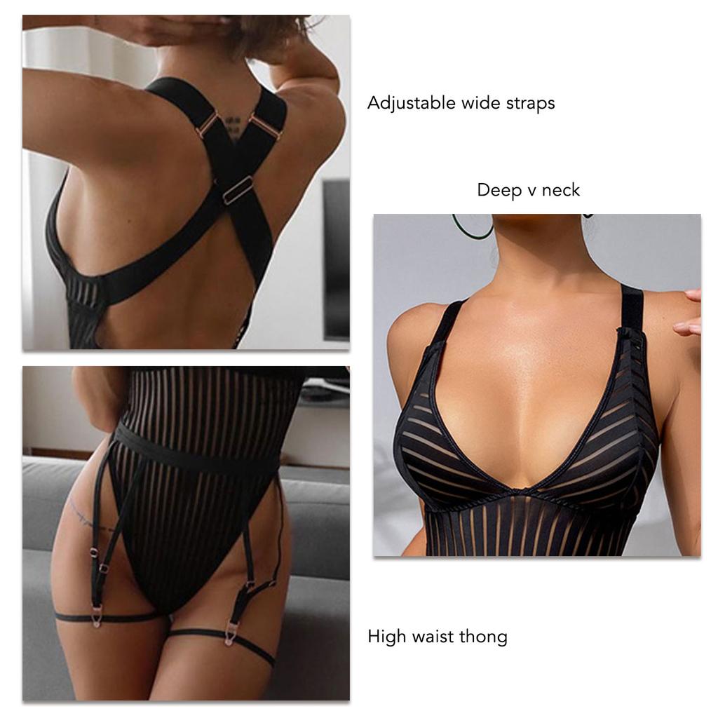 One Piece Strip Bodysuit Deep V Neck Triangle Cup High Waist Thong Sheer Sleepwear Black M