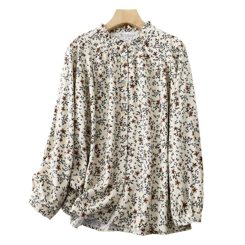 

Художественный воротник с оборками Повседневная рубашка из хлопка и льна с цветочным принтом Женская удобная свободная блузка на пуговицах Топ 2XL
