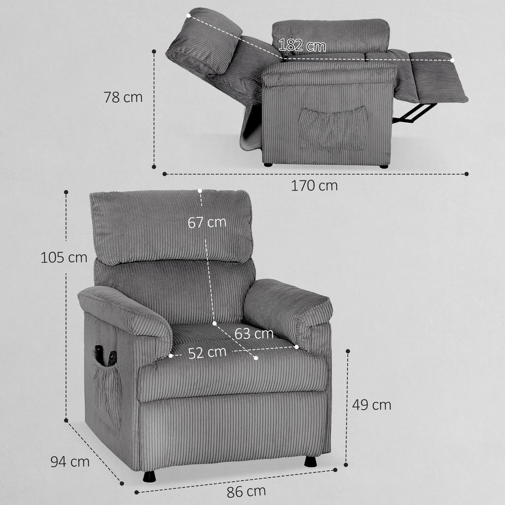 Corduroy Electric Massage Recliner - Grey