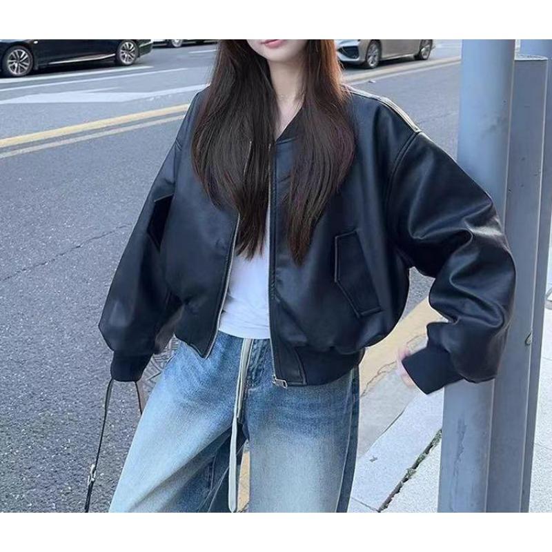 Women S Black Short Long Sleeve Baseball Faux Leather Jacket