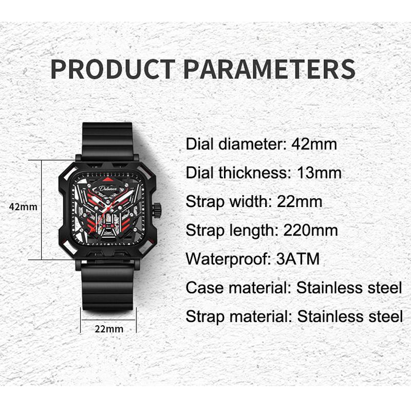 Square Skeleton Dial Automatic Watch Men Luxury Mechanical Men's Watches Luminous Waterproof Solid Steel Strap Relogio