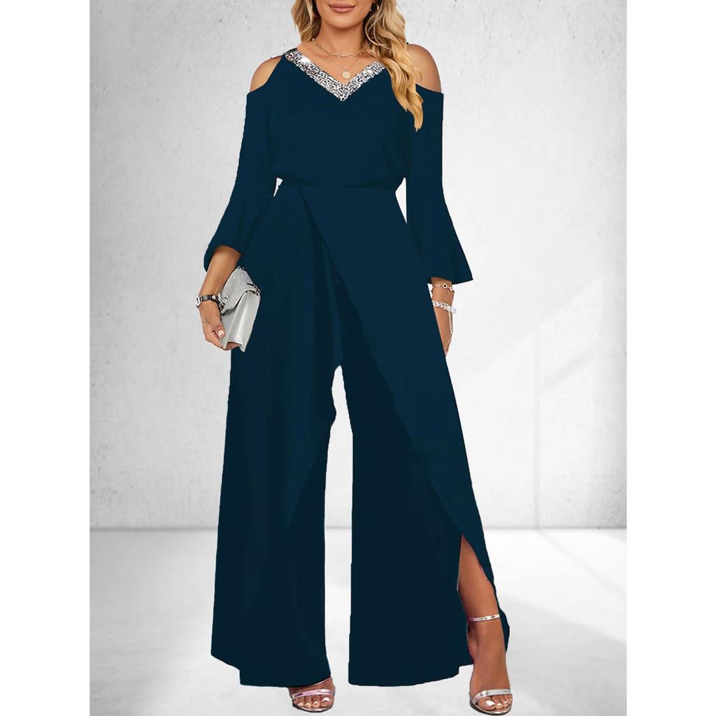 Women's Sequin Solid V Neck Business Elegant Wide Leg Loose Sleeve Bell Sleeve Jumpsuit