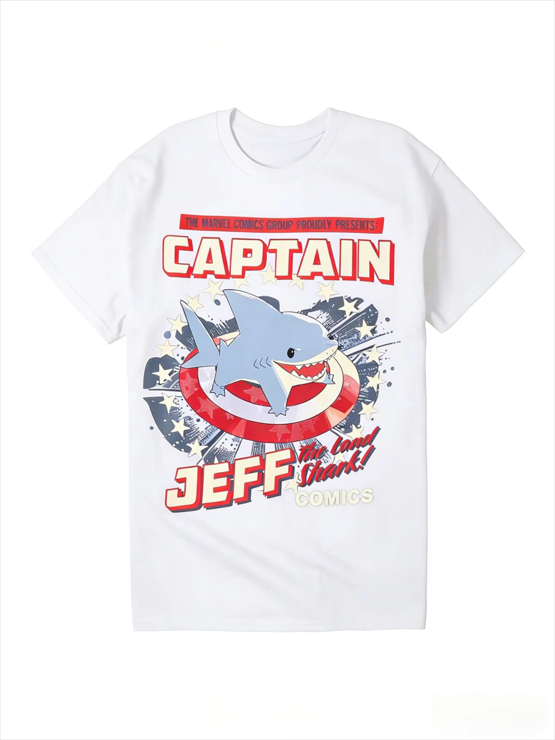 Marvel 2026 New Marvel Marvel Jeff Land Shark Captain Shark Comic Print Mens and Womens Short Sleeve Plus Size Casual TShirts S