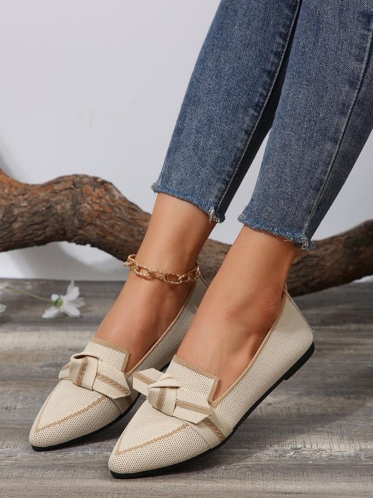 Spring and summer large size fly-woven pointed flat-soled single shoes women's foreign trade one-pedal bow casual breathable single shoes