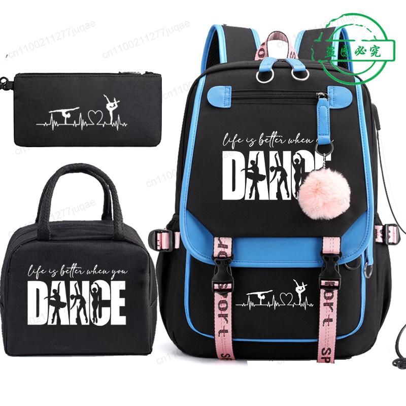 3pcs Dance Life Print Backpack Lunch Bag Pencil Case Set Student Dancing Dancer Fashion Schoolbag Pen Case Bento Pouch Suit Gift