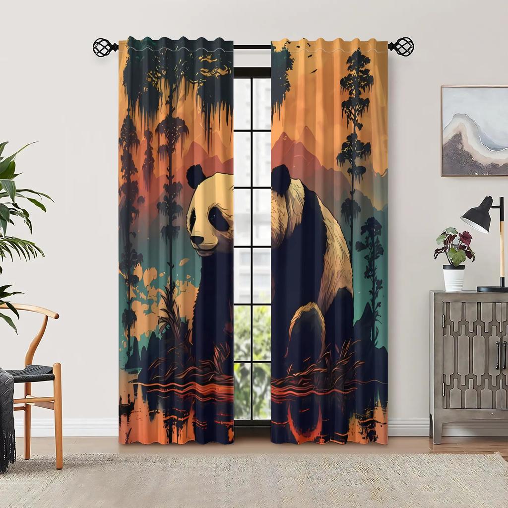 2pcs Vintage Panda Print Blackout Curtains - Matte Polyester, Rod Pocket Design with Eyelet, Machine Washable, Fashionable