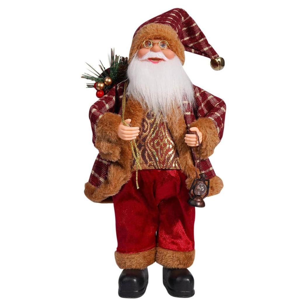 12" Świąteczne Figurki Świętego Mikołaja Stojąca Figurka Świętego Mikołaja Ubrana w Niebieski Płaszcz, Torba z Prezentami i Pudełko z Prezentem w Ramionach, Prezenty na Święta Zima