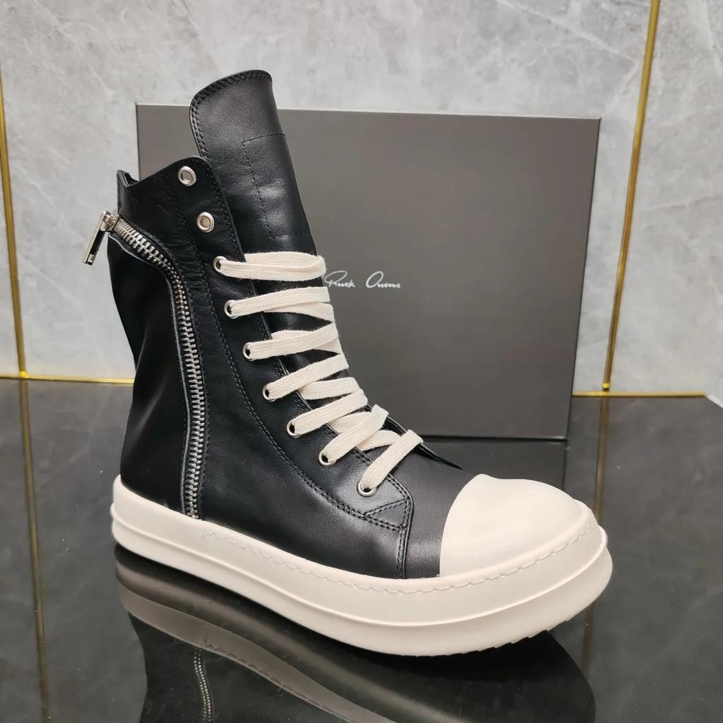 Top Quality Thick Bottom Black Cowhide Pocket High-top  with Zipper Fashion Men's Shoes Women's Shoes  Harajuku Style.