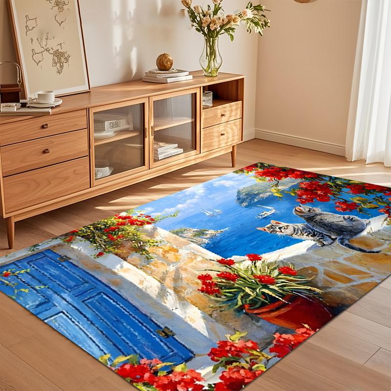 

Mediterranean Oil Painting Cat Pattern Soft Area Rug Non Slip Decorative Floor Mat For Living Room Bedroom Kids Room 40X60cm