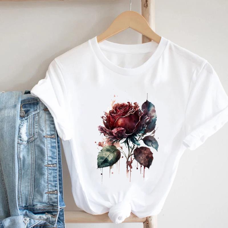 (European Size)  90s Print Tee Women Peace Flower Trend Cute Top Clothing Fashion T-shirt Lady Female Casual Short Sleeve Graphic T-shirt