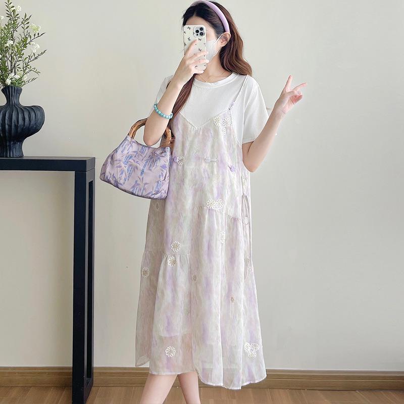 Chic Maternity Dress: Fashionable Loose Fit with Floral Embroidery and Faux Two-Piece Design Extra Large