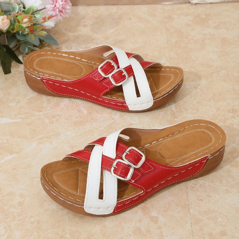 Fashion Flat Sandals Summer New Round Head Open Toe Metal Buckle Collocation Color Soft Sole Anti-slip Wear-resistant Slippers