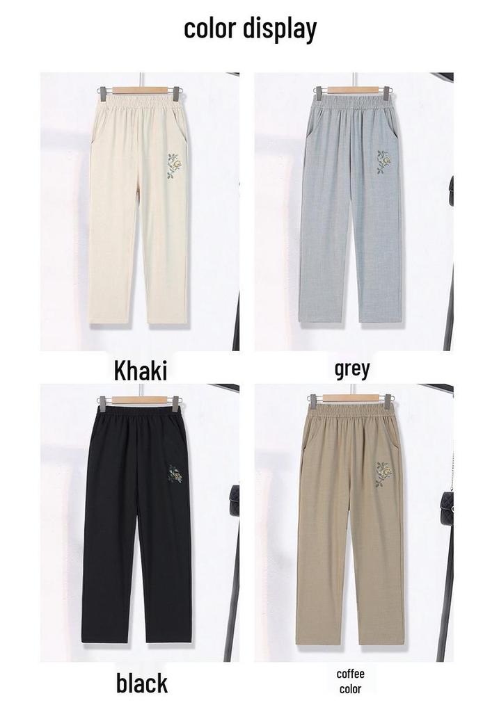 Mom's Summer High-Waisted Elastic Straight Leg Embroidered Pants for Middle-Aged Women
