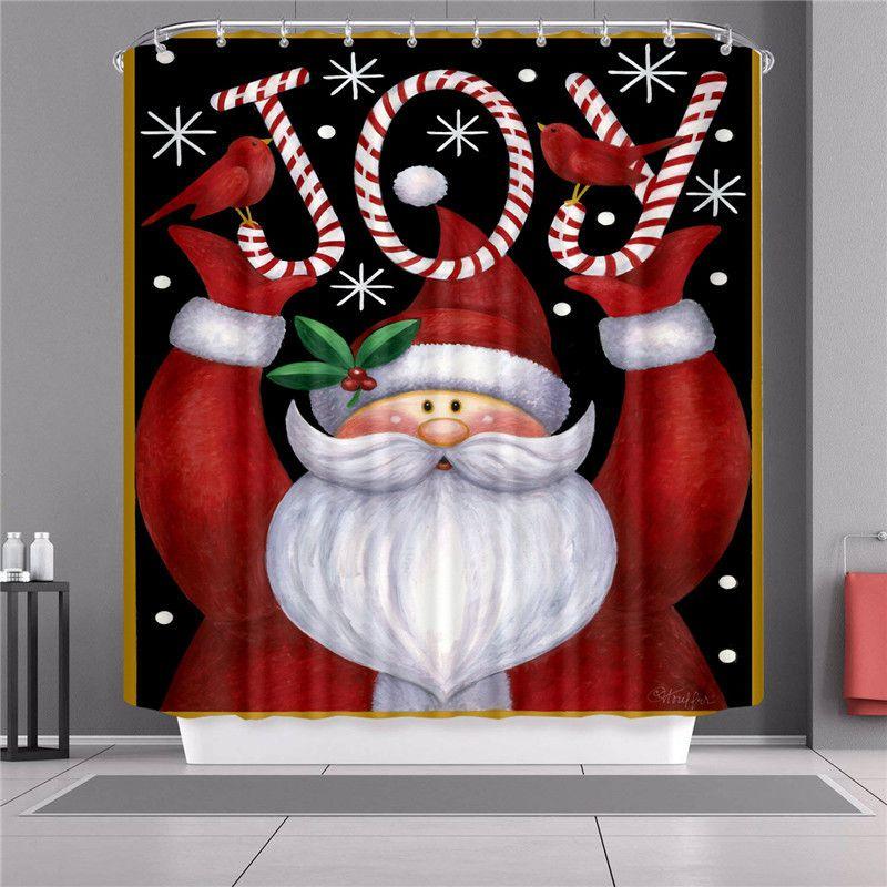 Curtain Shower Christmas With Hook Waterproof Fabric Bathroom Santa Xmas Claus