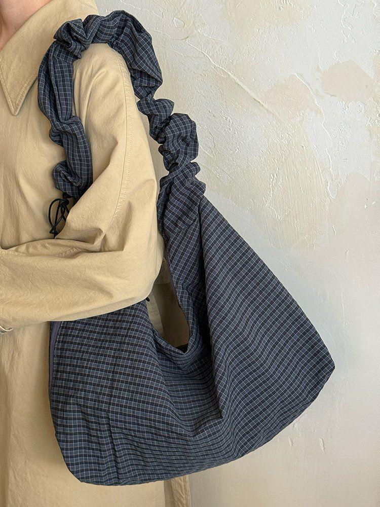 2025 Korean Retro Plaid Canvas Drawstring Tote - Large Commuter Shoulder/Crossbody Bag