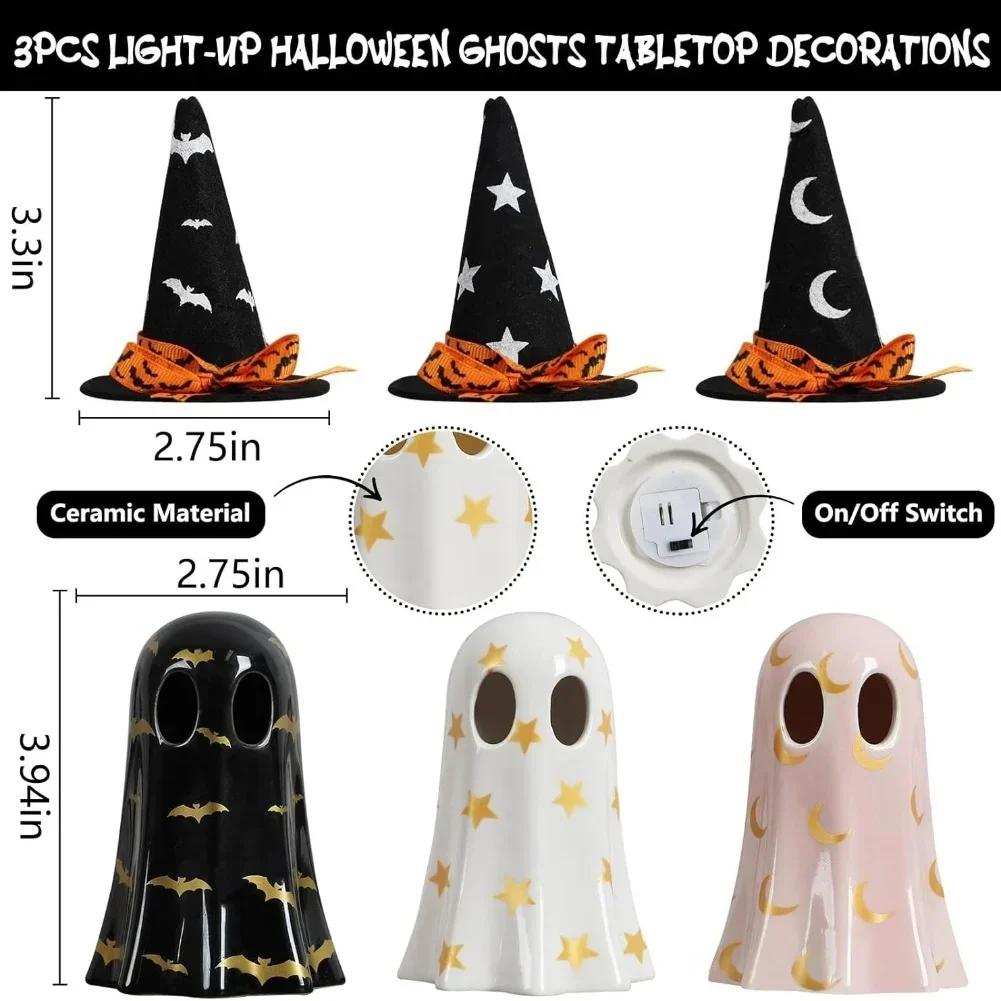 Set Of 3 Ceramic-Ghosts With Witch Hats, Halloween Decorations Indoor, Cute Spooky Halloween-Ghost Figurines Ceramic Decor