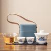 White Porcelain Blue And White Cover Bowl Outdoor Travel Kung Fu Tea Set Ceramic Cover Bowl Express Cup One Pot Two Cups Portable Bag