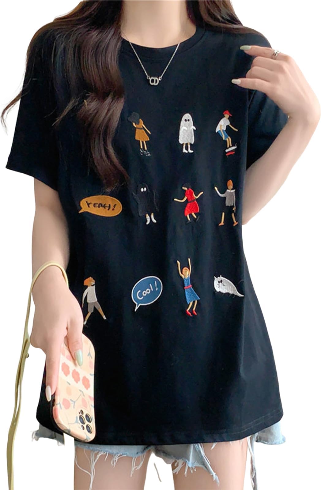 

Женская вышитая футболка The Doors, Милая, Легкая, Дизайн с персонажем, Стильная, Для офиса/работы, Черная, 5S-D12-BKL