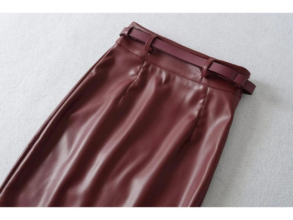Elegant Korean High-Waisted Front Slit PU Leather Midi Skirt with Belt – Sexy, Bodycon, Hip-Hugging for Autumn & Winter