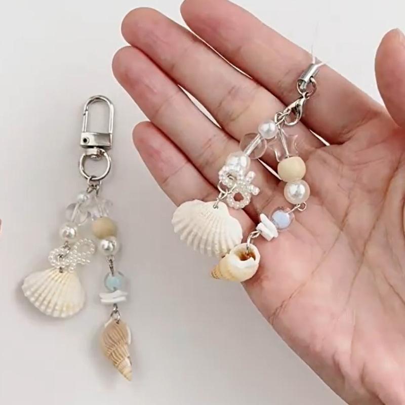 Ocean Style Pearl Bow Shell Conches Charm Beaded Mobile Phone Chains Keychain Pendants Girly Bag Hanging Ornaments Gifts