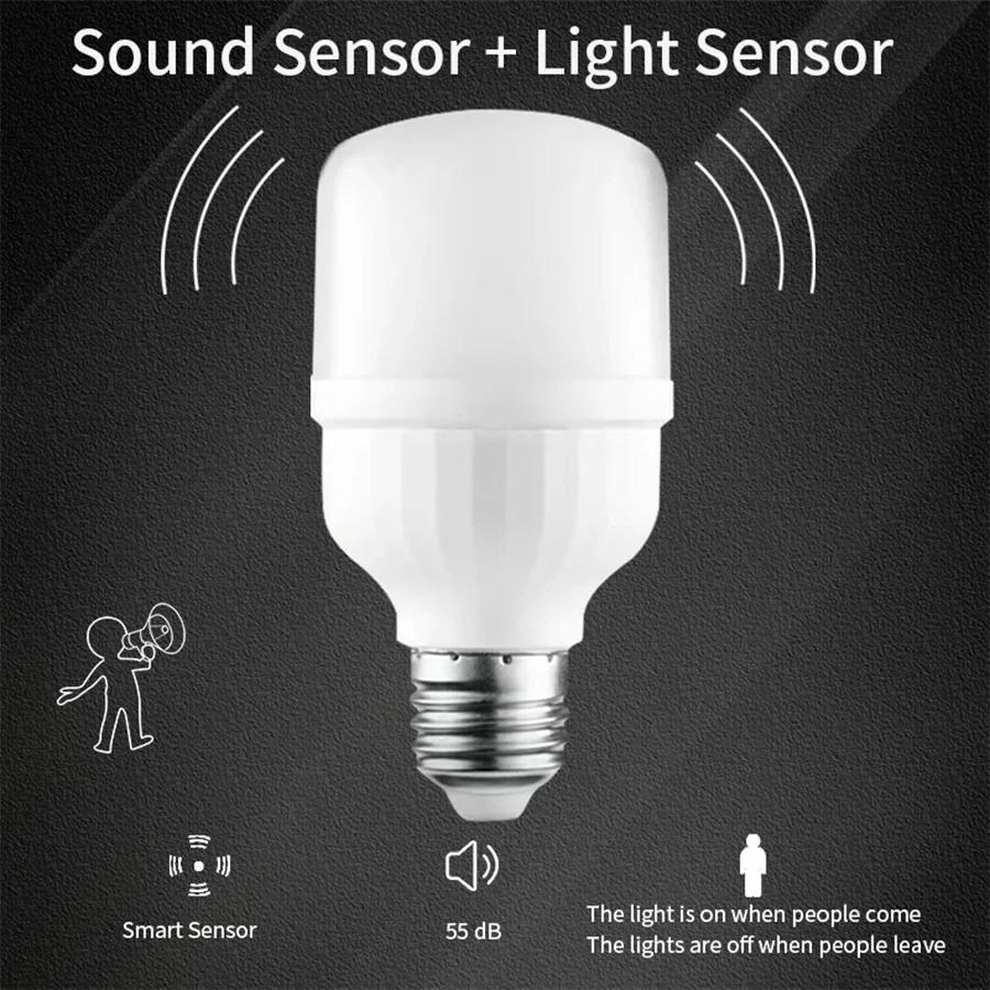 

Светодиодная лампа E27 с датчиком звука 220 В Автоматическое включение/выключение Без мерцания Высокая яркость Белый свет Лампа с голосовым управлением для лестницы, дорожки