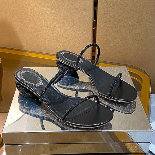 Fashion Round Heel Sandals 2025 Summer Women's New Rhinestone One Word with Fairy Style Egg Heel Fashion Sandals