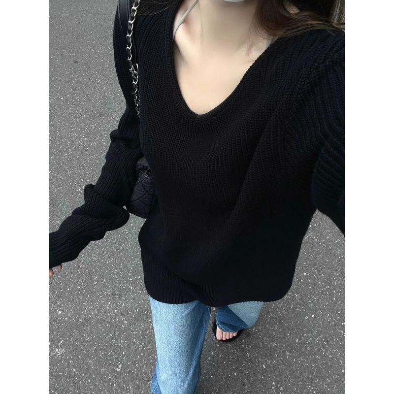 

Свободный свитер с V-образным вырезом, осенняя нарядная верхняя одежда, черный Black S(Suggested 37.50 kg-47.50 kg)