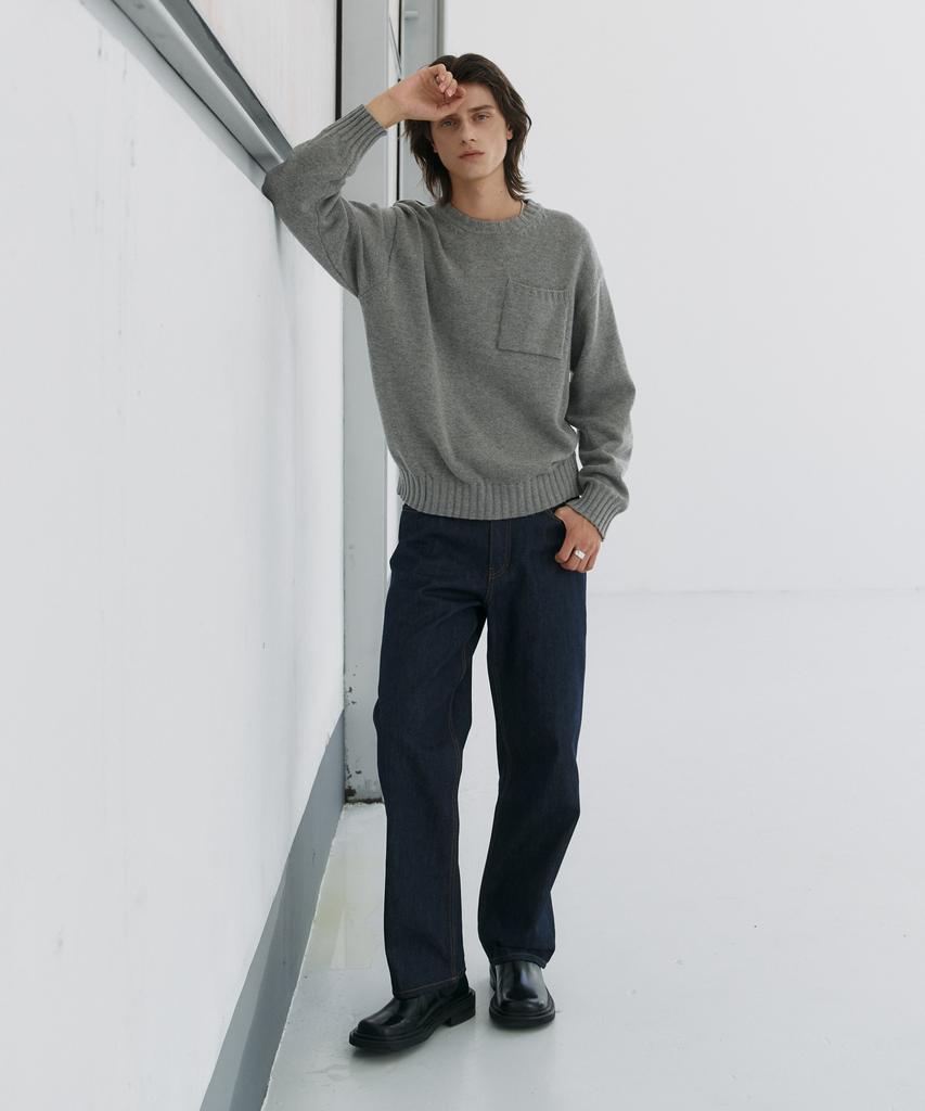 KNITTED Cashmere Wool Pocket Round Knit Grey