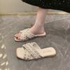 Large Size Women's Shoes 41 To 43 Cross with Pearl Slippers Women's Summer Wear 2025 New Flat-bottomed Beach Seaside Sandals