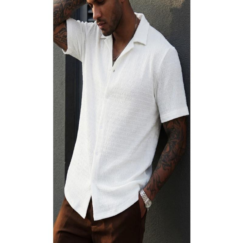 Camisa Jacquard Casual para Hombre con Cuello de Solapa de Manga Corta y Botones