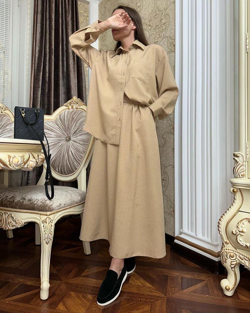 2024 Spring Women's Casual Set: Loose Long-Sleeved Shirt and Midi Skirt