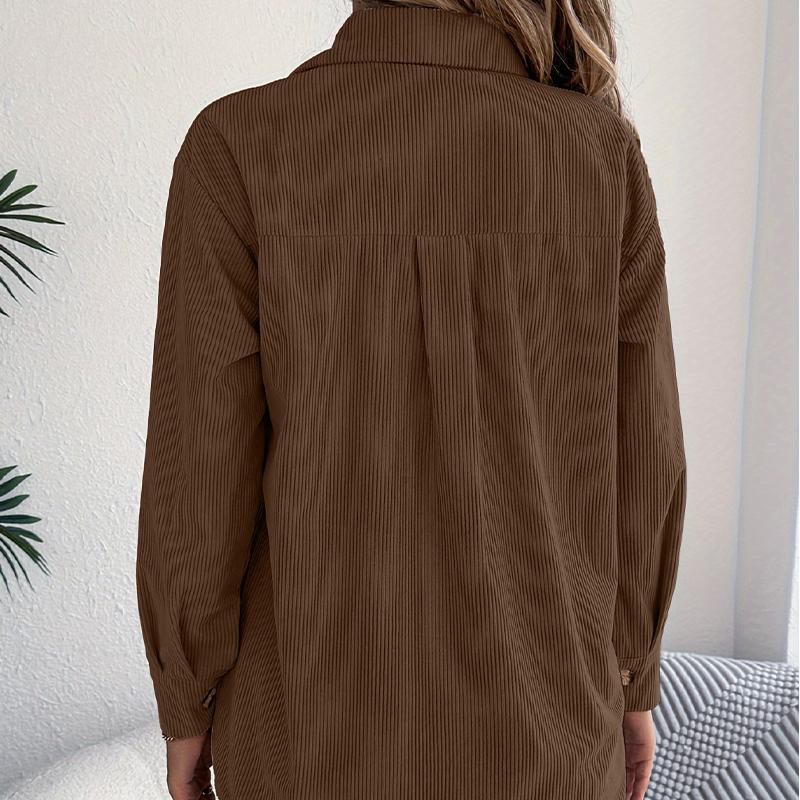 Women's Corduroy Shirt Jacket Stripe Pattern Midi Length Oversized Casual Shacket Fall Winter