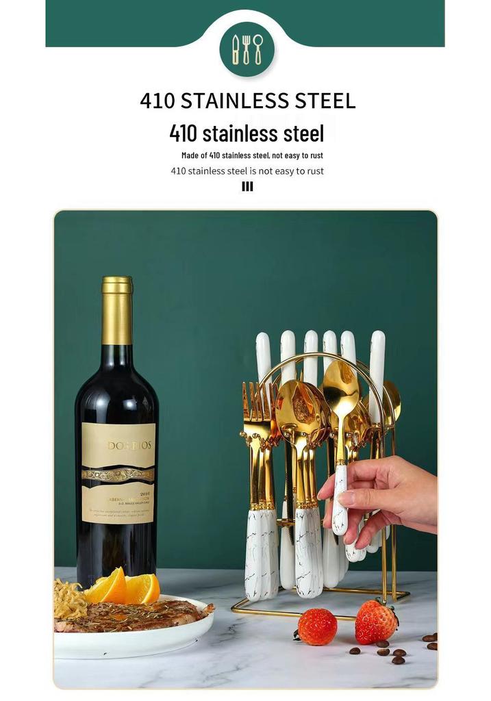 Stainless Steel 24-Piece Cutlery Set with Imitation Ceramic Handles - Includes Knives, Forks, and Spoons in Gift Box.