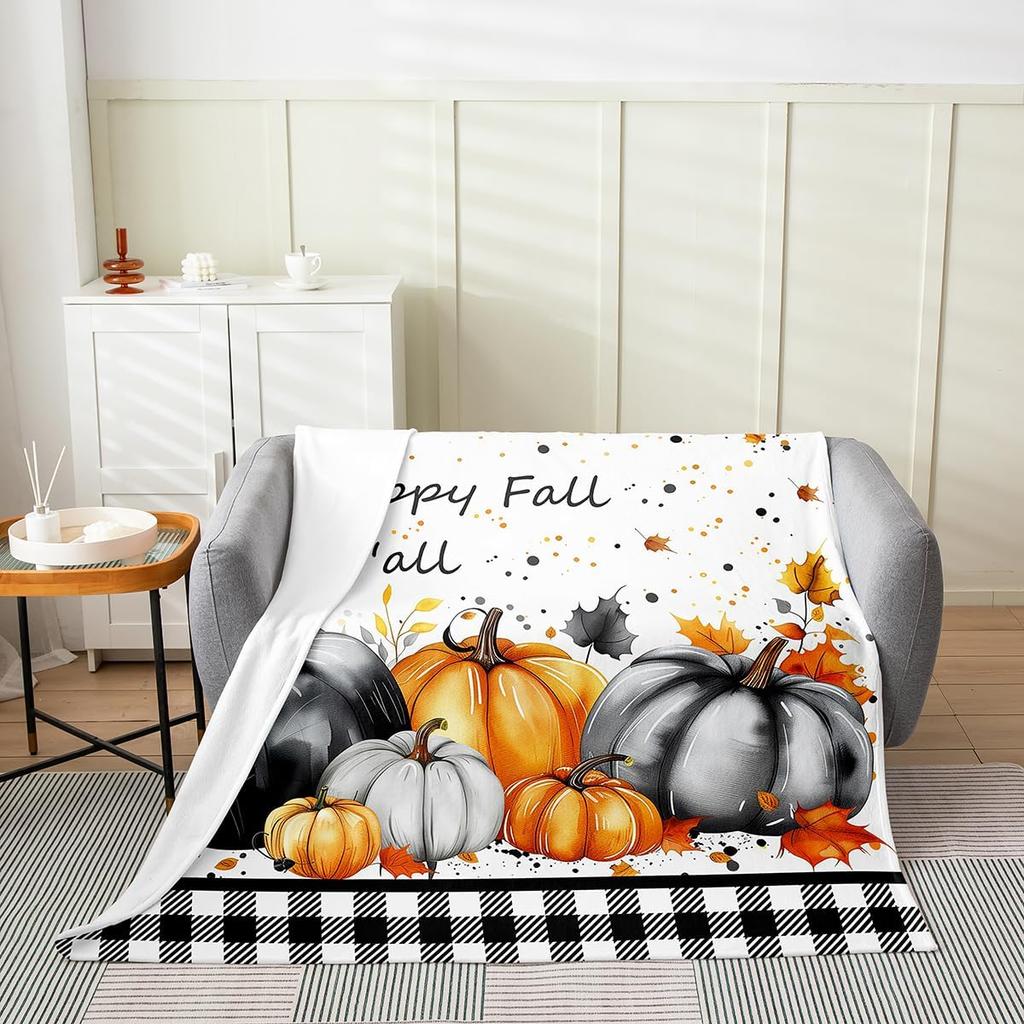 GUOYU Blanket Fall Pumpkin Harvest Fleece Flannel BlanketRustic Maple Autumn Leaves Bed Plush Blanket for Rustic Home DecorHarvest Patchwork