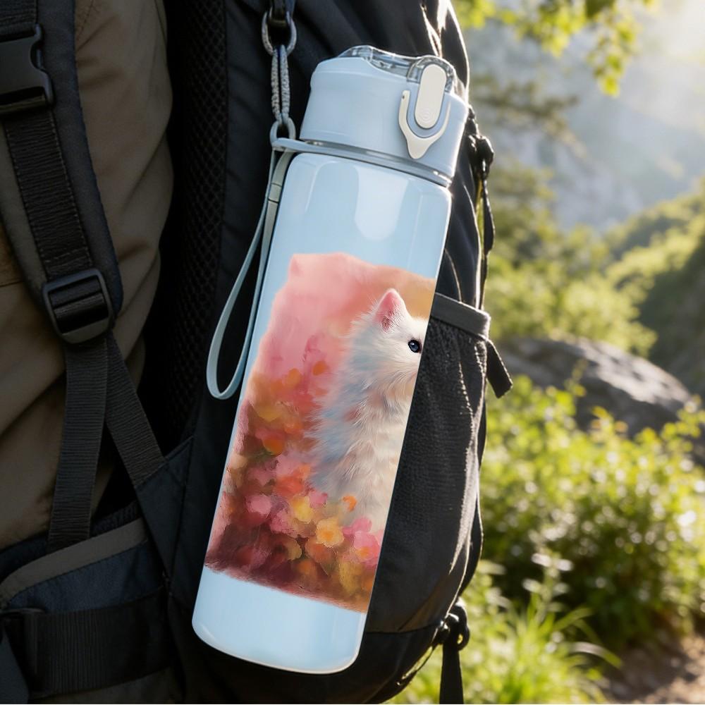 1PC White Cat Floral Soft Art 750ml Color Plastic Sports Water Bottle Leakproof Flip Straw Lid Suitable for Sports Office Home Use