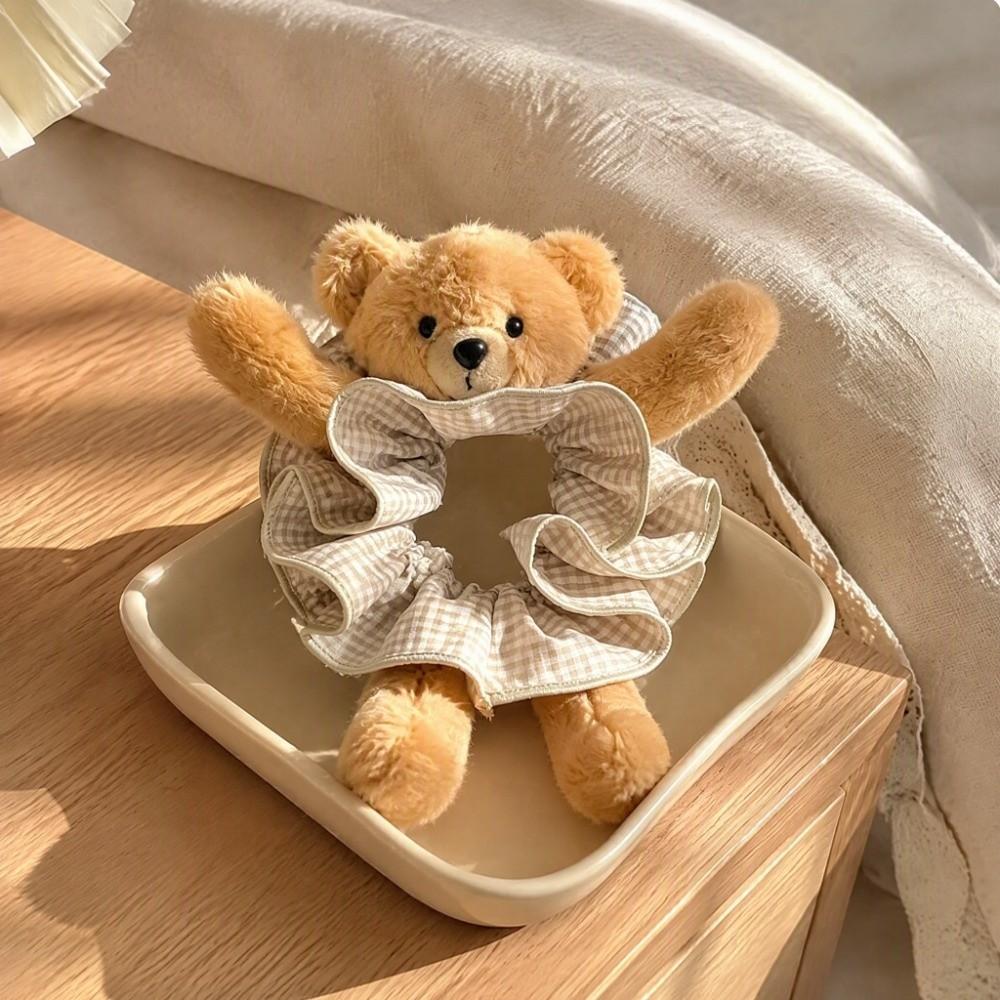 High Elasticity Plush Bear Scrunchies Versatile Hair Rope Fashionable Plaid Ponytail Holder Office