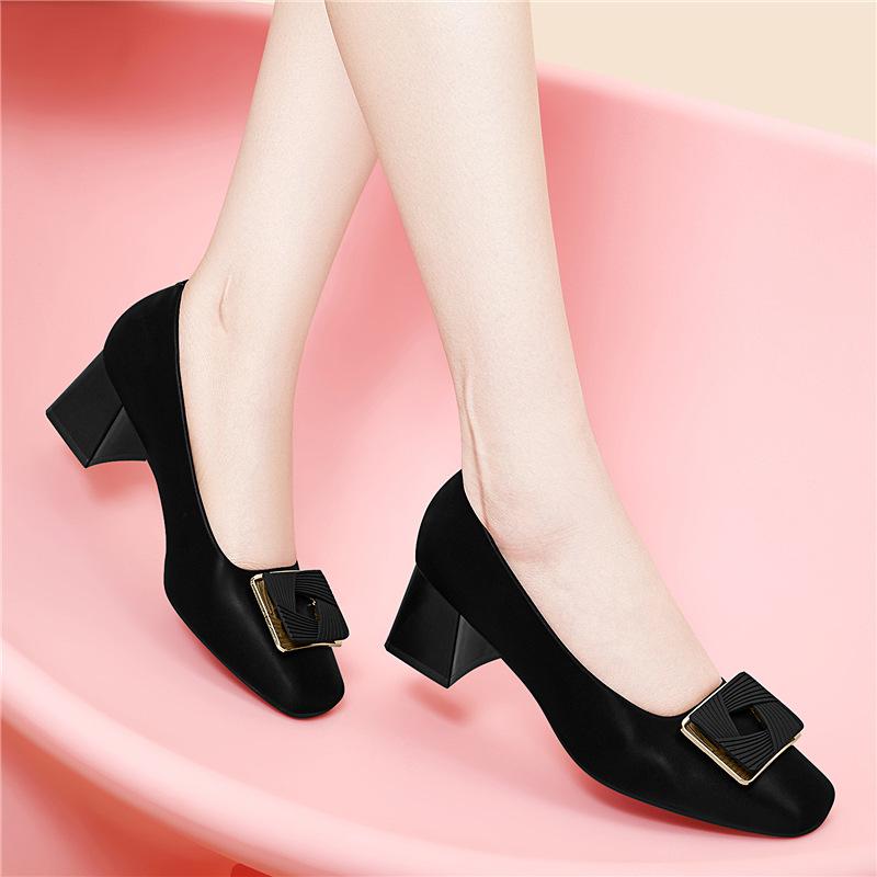 New Single Shoes Women's Autumn and Winter New Thick-heeled High Heels High-end Square-toe Black Work Shoes Are Versatile