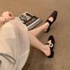 Sheepskin Version~ Diamond Buckle Small Square Head Width One Word with Low Heel Temperament Half Slippers Women's Single Shoes