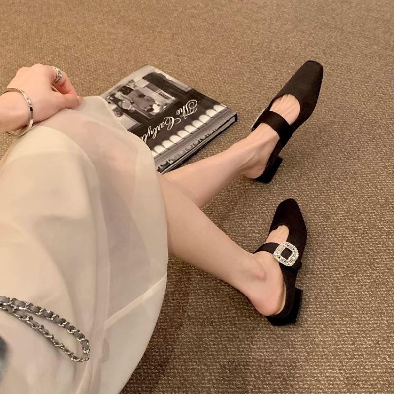 Sheepskin Version~ Diamond Buckle Small Square Head Width One Word with Low Heel Temperament Half Slippers Women's Single Shoes