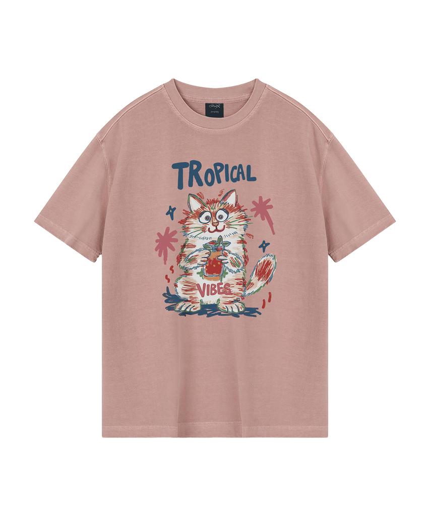 WILDROCK Hollysheesh Tropical Cat Pigment Oversized Short Sleeve T-Shirt_6 Colors (Cropped) (Type A)