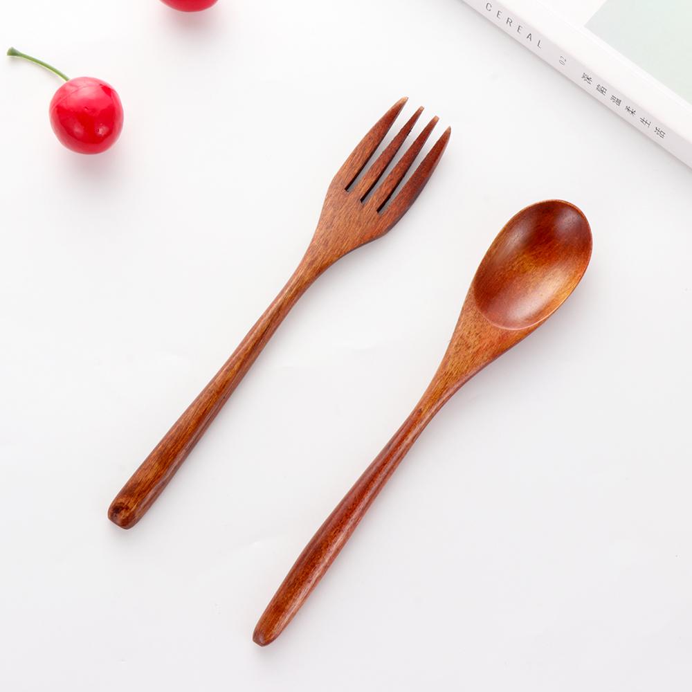 Kitchen Handmade Cloth Bag Portable Spoon Fork Wooden Natural Cutlery Set Tea Scoops