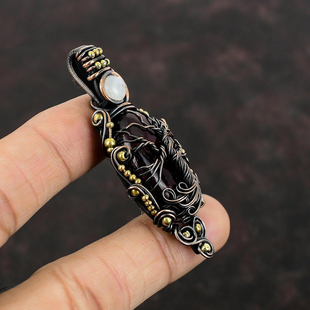 Baum des Lebens Roter Feuer-Labradorit Anhänger Kupferdraht umwickelter Anhänger Regenbogenmondstein Edelsteinanhänger Handgefertigter Schmuck Geschenk für Hochzeit
