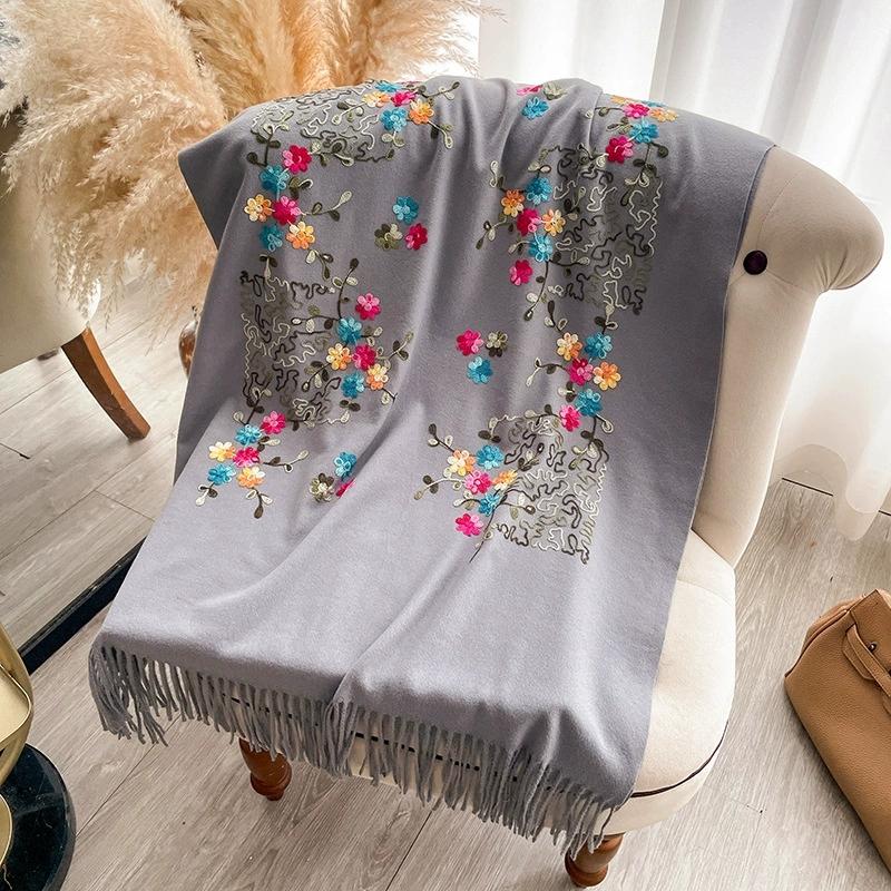 Women Winter Warm Faux Cashmere Scarf Long Winter Embroidered Floral Pattern Cold-Proof Shawls And Wraps